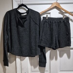 Rae Mode Black Mineral Wash Waffle Knit Lounge Set | Top & Shorts | Size L NEW